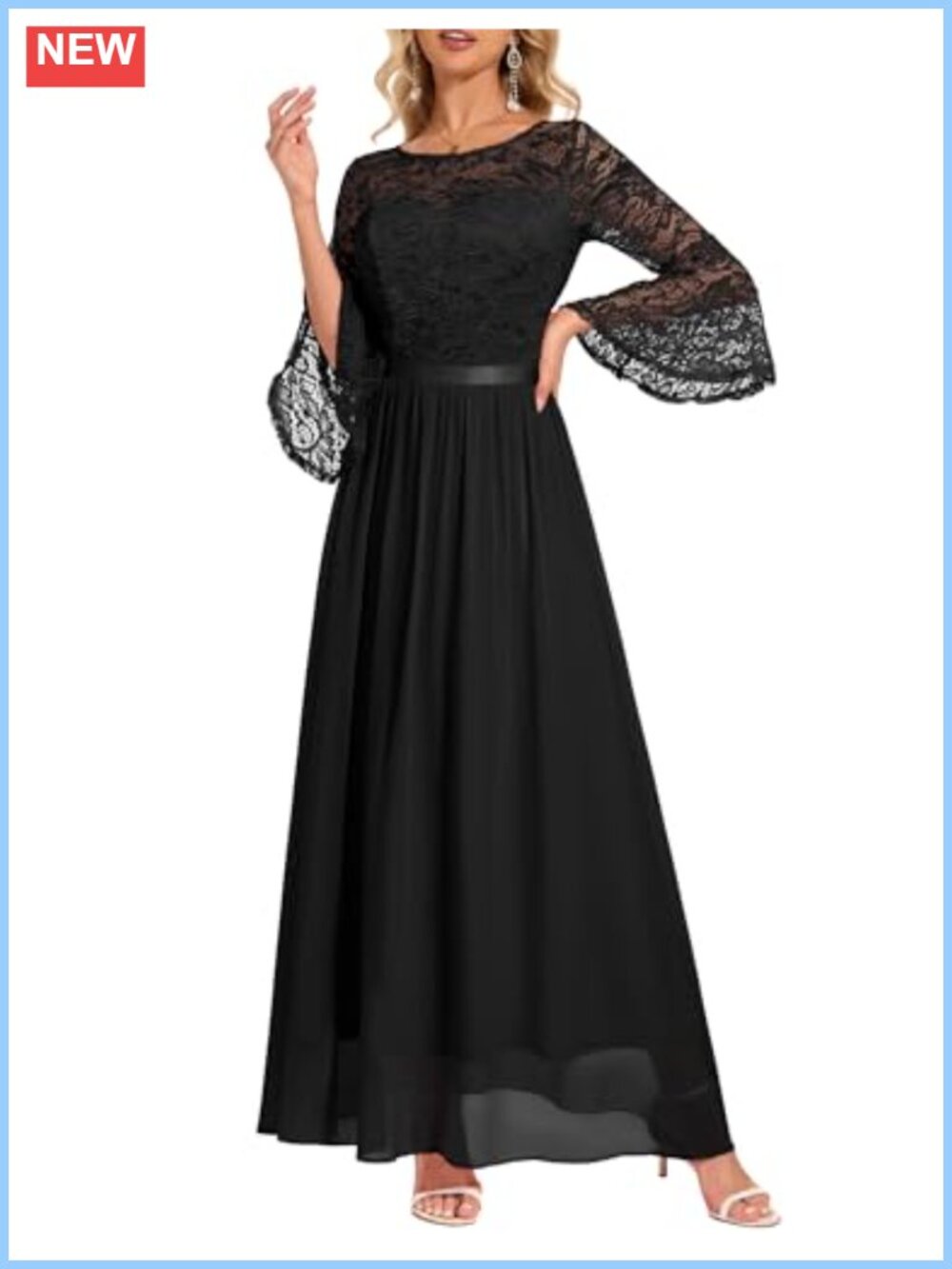 Womens Long Formal Chiffon Lace Maxi Dress Bell Sleeve Wedding Guest
